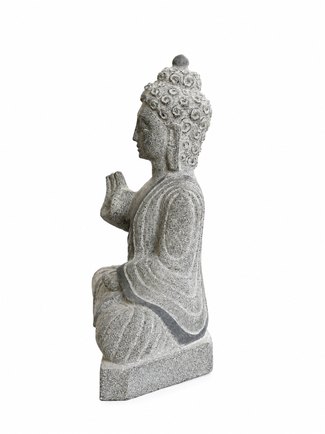 Hand-carved 1 ft Buddha statue in natural stone, product view 4 highlighting the meditative form and carved details.