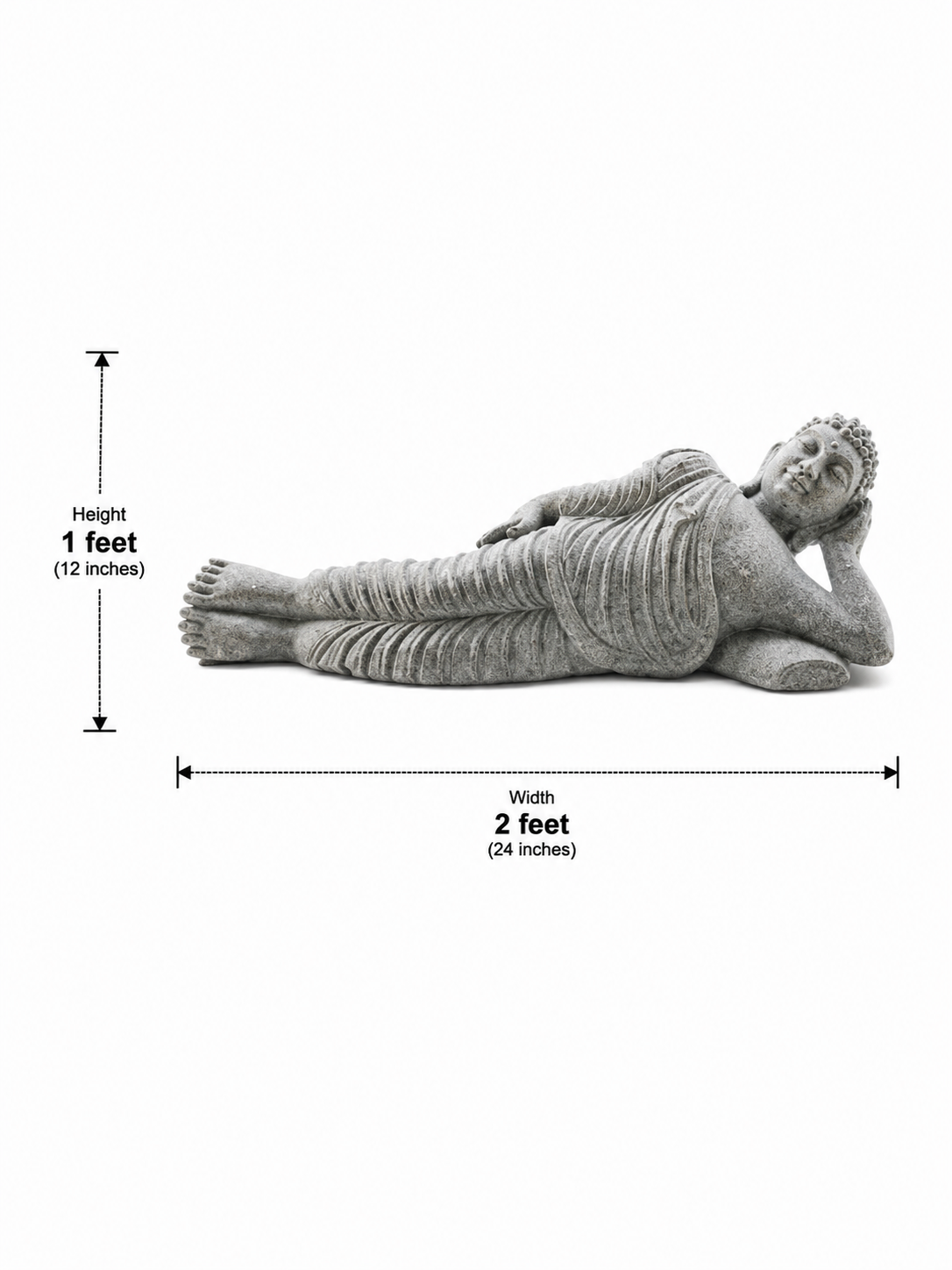 Hand-carved 1 ft Buddha statue in natural stone, product view 5 highlighting the meditative form and carved details.