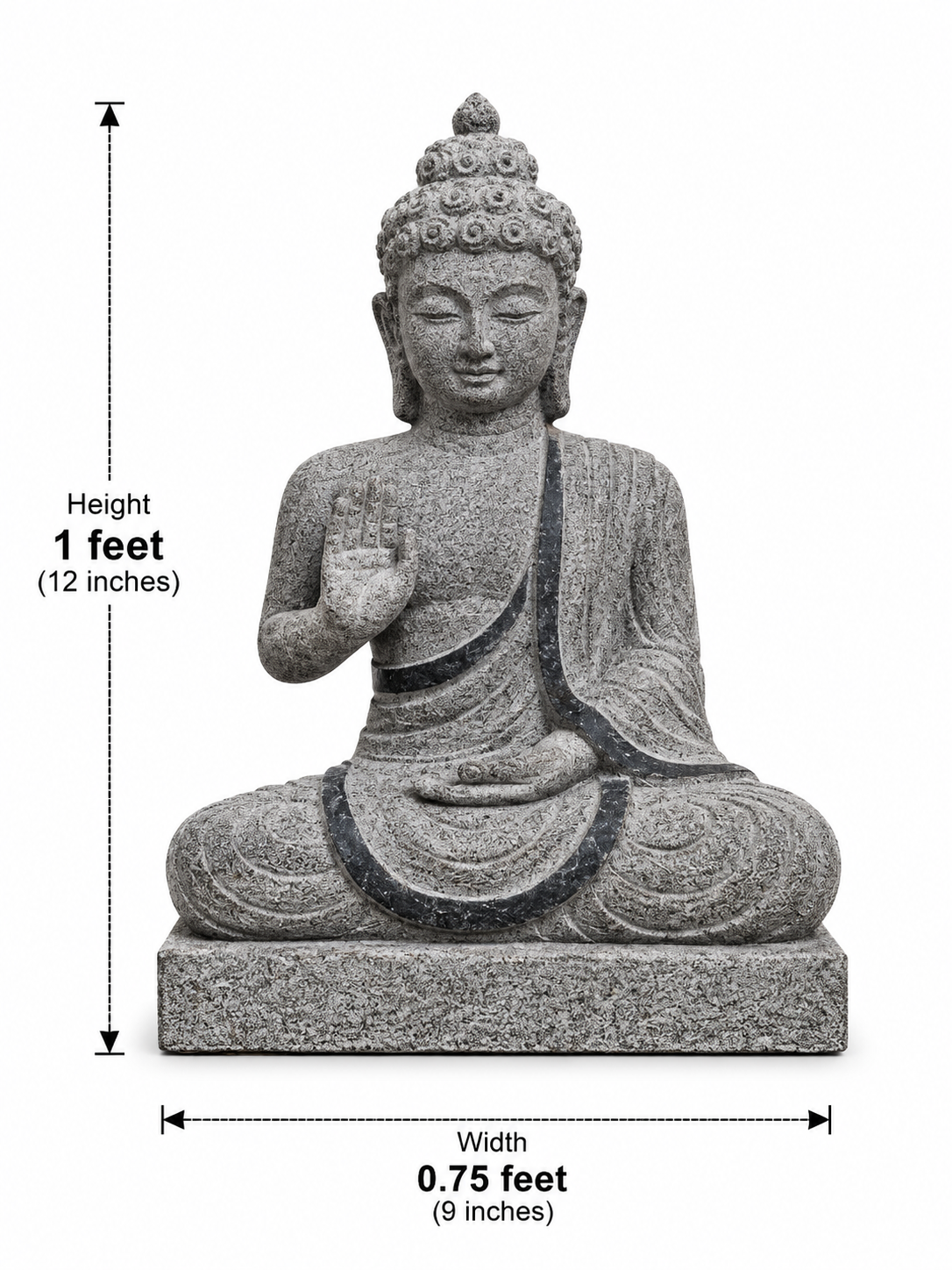 Hand-carved 1 ft Buddha statue in natural stone, product view 5 highlighting the meditative form and carved details.