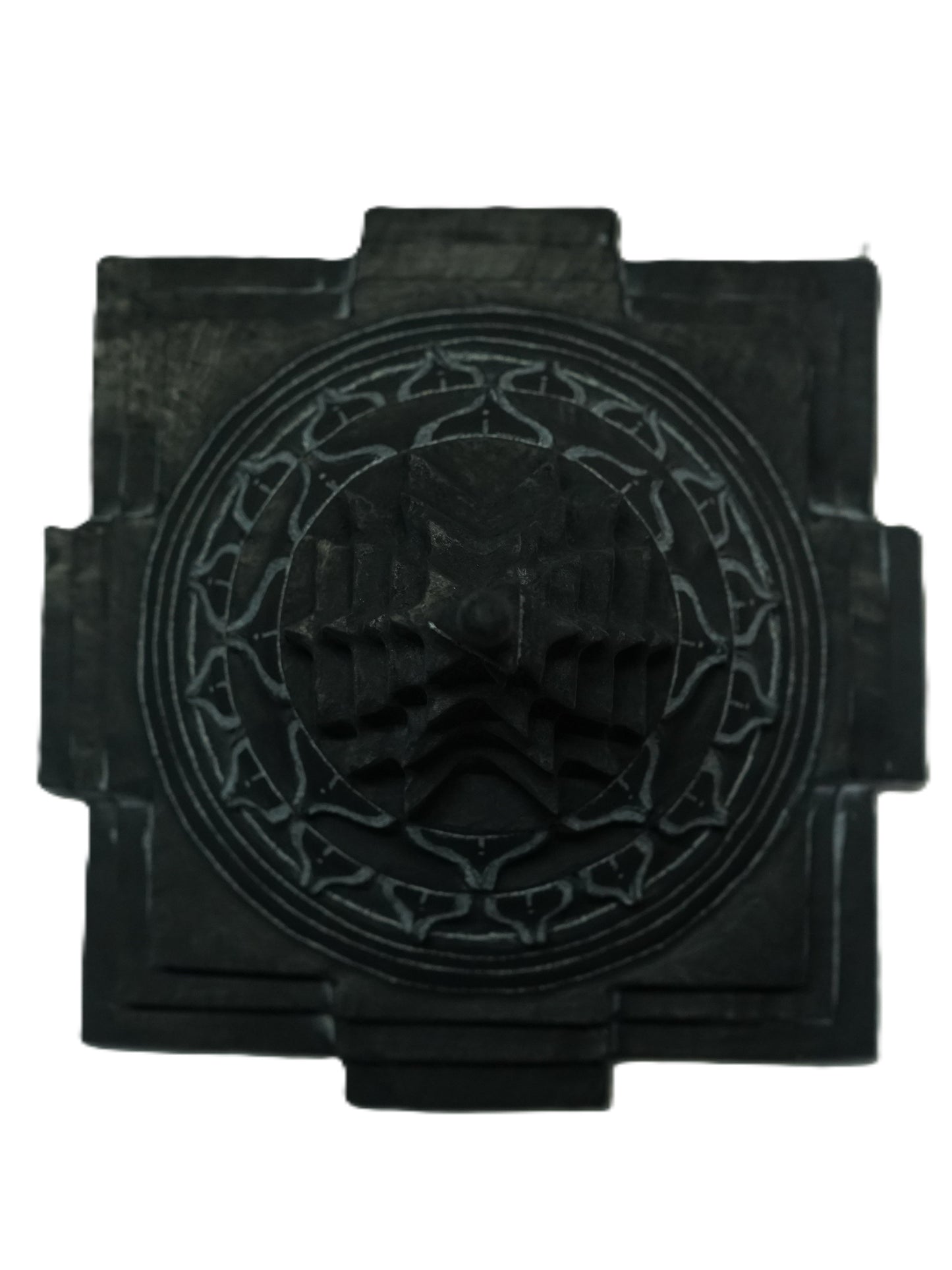 Hand-carved 1 ft Chakram sculpture in natural stone, product view 3 highlighting its circular form and carved details.