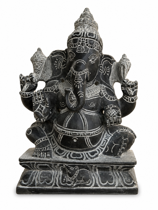 Hand-carved 1 ft Ganesha statue in natural stone, product view 1 highlighting the sculpture and carved details.