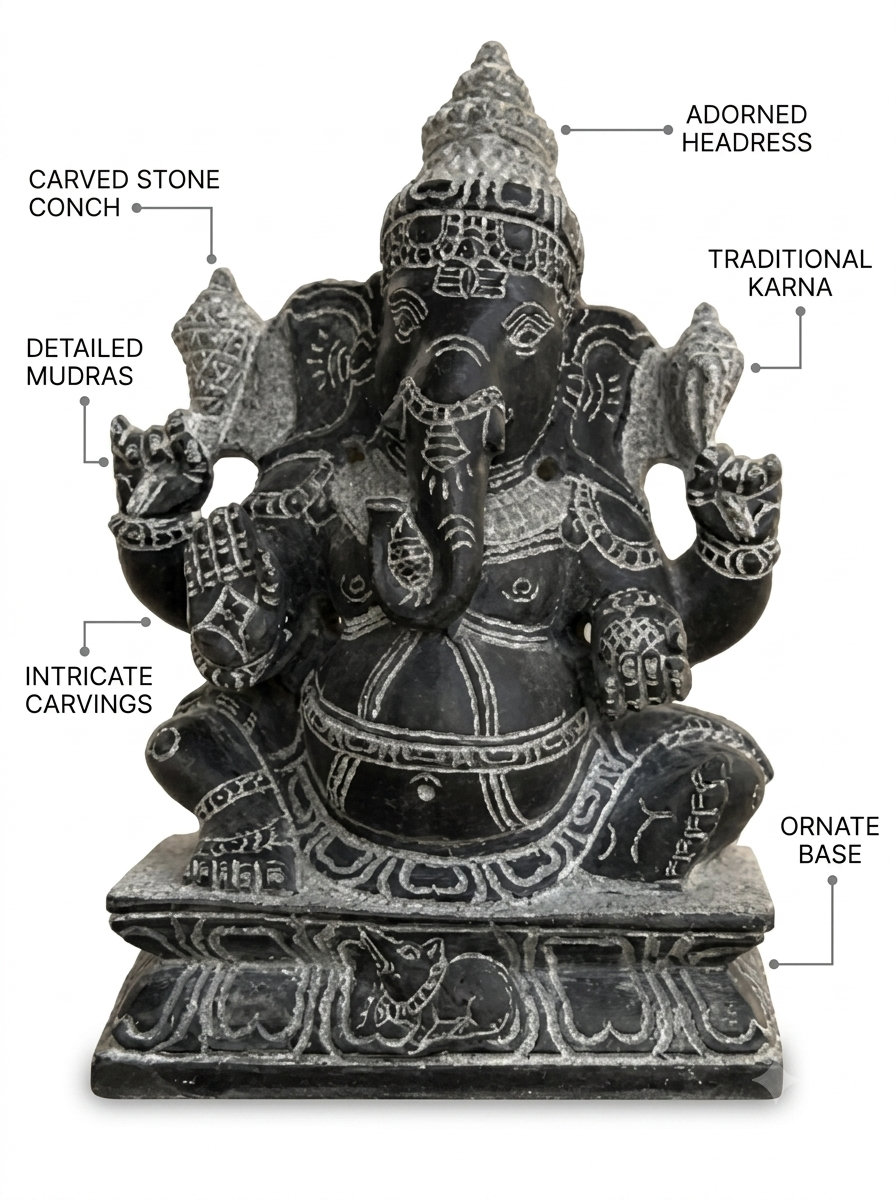 Hand-carved 1 ft Ganesha statue in natural stone, product view 2 highlighting the sculpture and carved details.