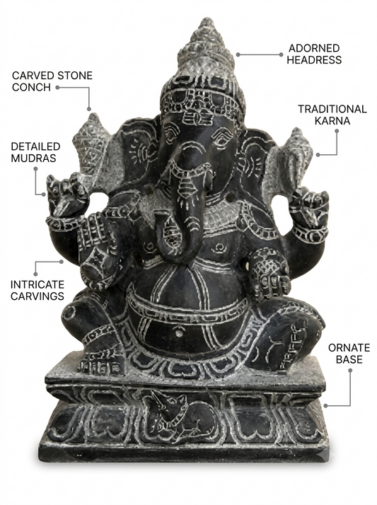 Hand-carved 1 ft Ganesha statue in natural stone, product view 2 highlighting the sculpture and carved details.