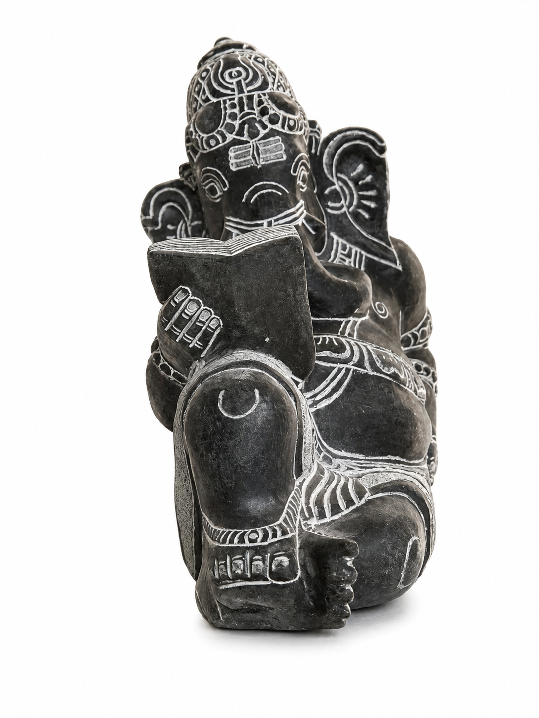 Hand-carved 1 ft Ganesha statue in natural stone, product view 3 highlighting the sculpture and carved details.