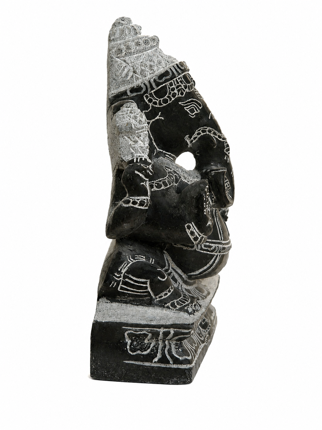 Hand-carved 1 ft Ganesha statue in natural stone, product view 3 highlighting the sculpture and carved details.
