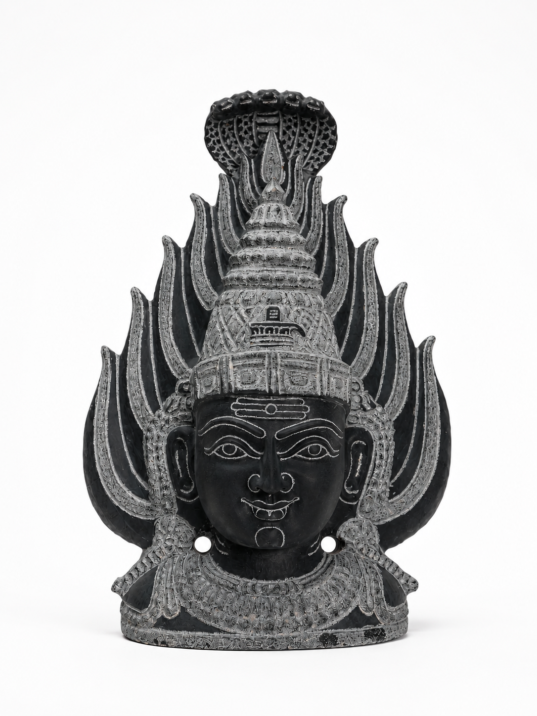 Hand-carved 1 ft Gangai Amman Sirasu statue in natural stone, product view 1 highlighting the sacred head form and carved details.