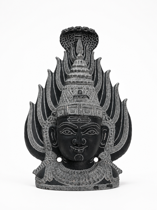 Hand-carved 1 ft Gangai Amman Sirasu statue in natural stone, product view 1 highlighting the sacred head form and carved details.