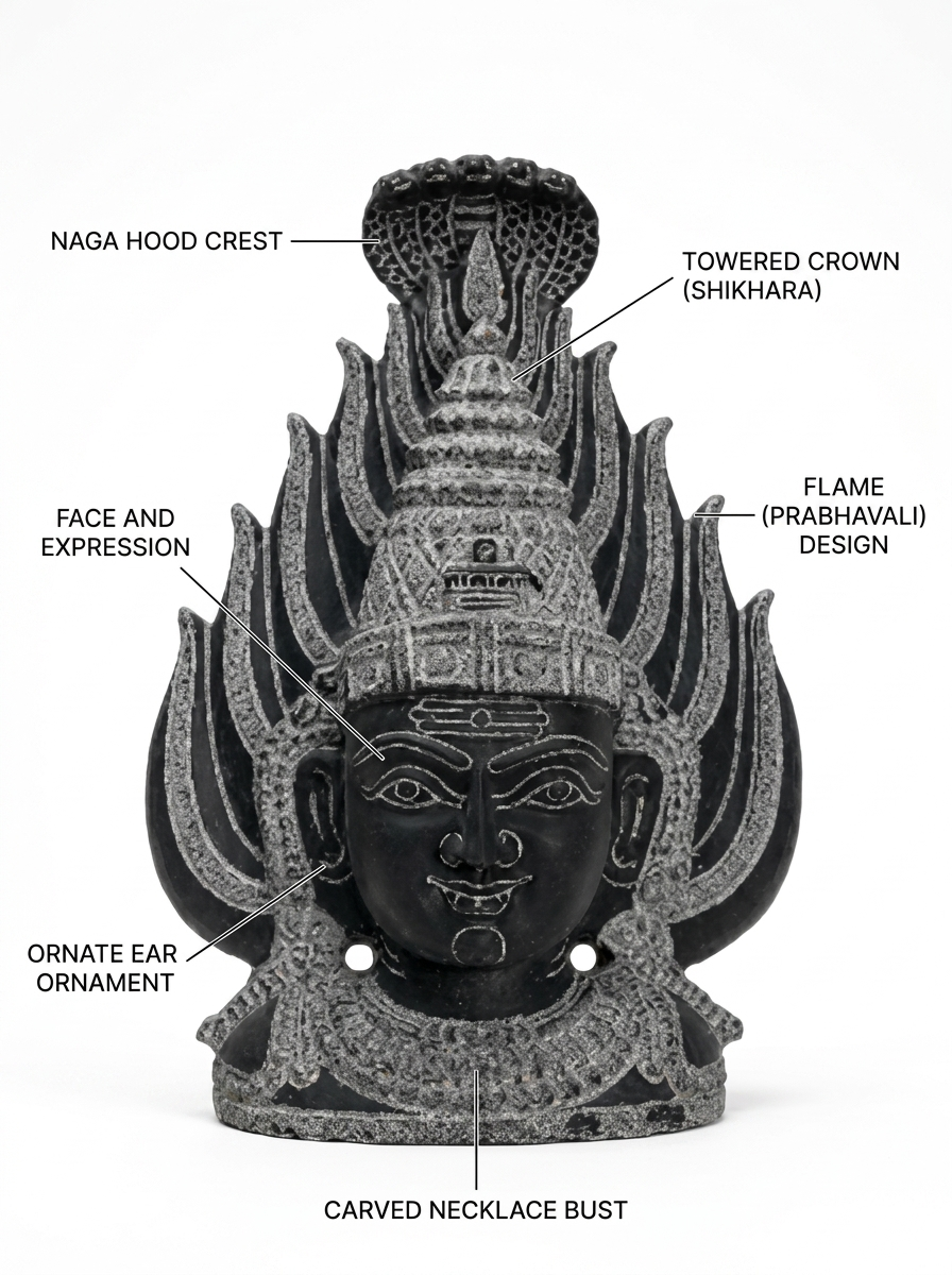 Hand-carved 1 ft Gangai Amman Sirasu statue in natural stone, product view 2 highlighting the sacred head form and carved details.