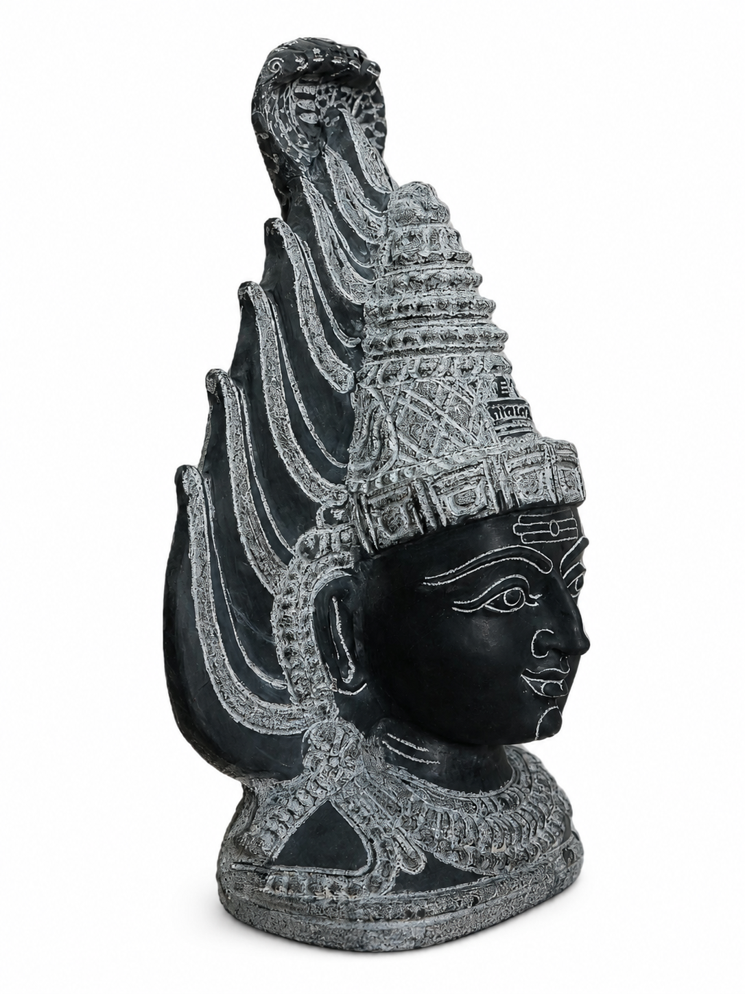 Hand-carved 1 ft Gangai Amman Sirasu statue in natural stone, product view 3 highlighting the sacred head form and carved details.