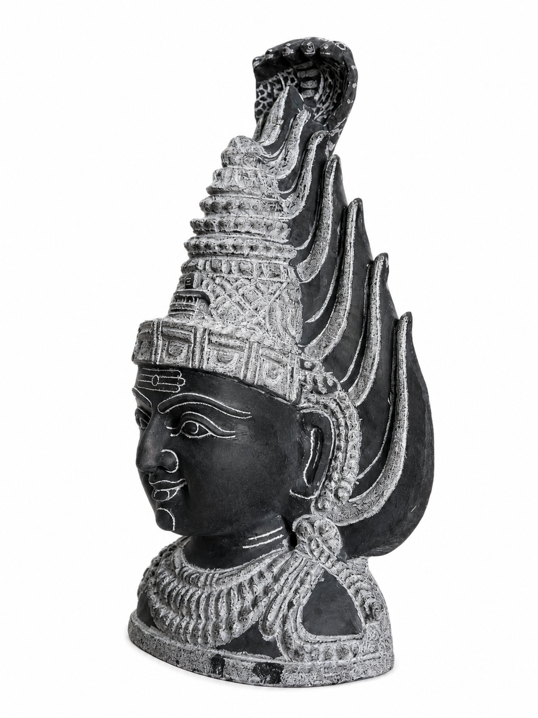 Hand-carved 1 ft Gangai Amman Sirasu statue in natural stone, product view 4 highlighting the sacred head form and carved details.