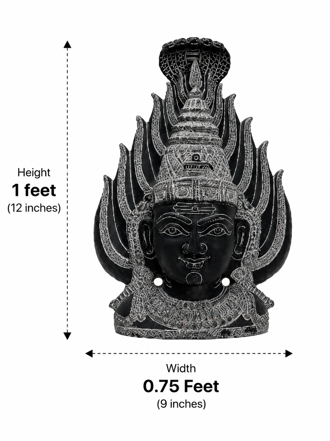 Hand-carved 1 ft Gangai Amman Sirasu statue in natural stone, product view 6 highlighting the sacred head form and carved details.