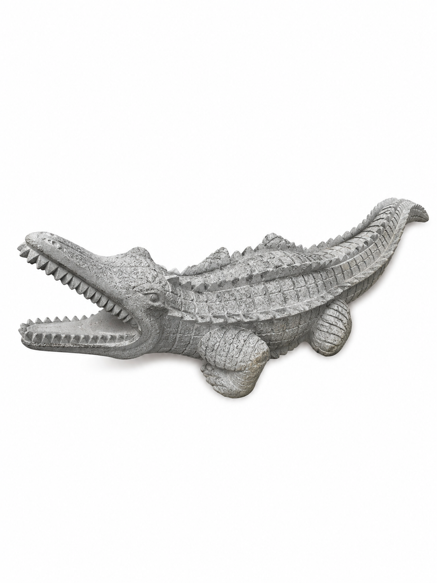 Hand-carved 1 ft Hand-Carved Crocodile Stone Sculpture in natural Charnockite stone, product view 1 showing the sculpture and carved details.