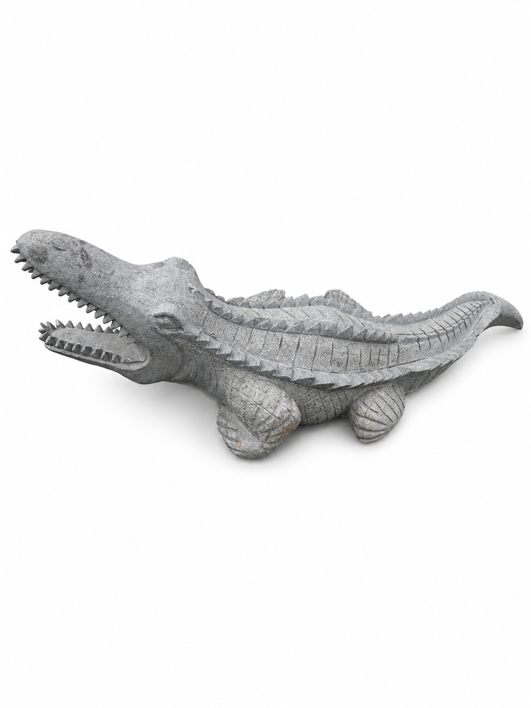 Hand-carved 1 ft Hand-Carved Crocodile Stone Sculpture in natural Charnockite stone, product view 3 showing the sculpture and carved details.