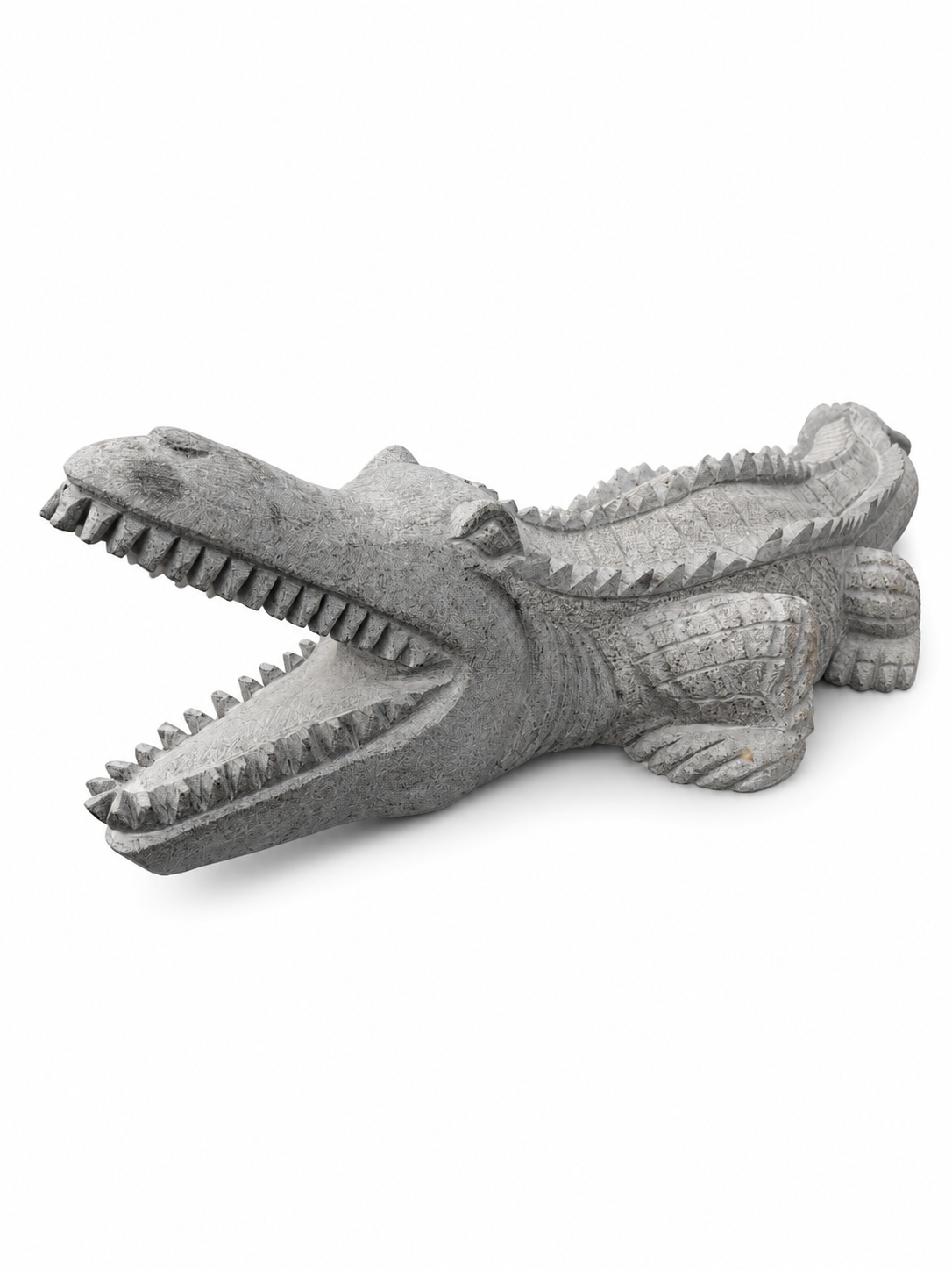 Hand-carved 1 ft Hand-Carved Crocodile Stone Sculpture in natural Charnockite stone, product view 4 showing the sculpture and carved details.