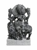 Hand-carved 1 ft Lord Krishna statue in natural stone, product view 1 highlighting the flute-playing form and carved details.