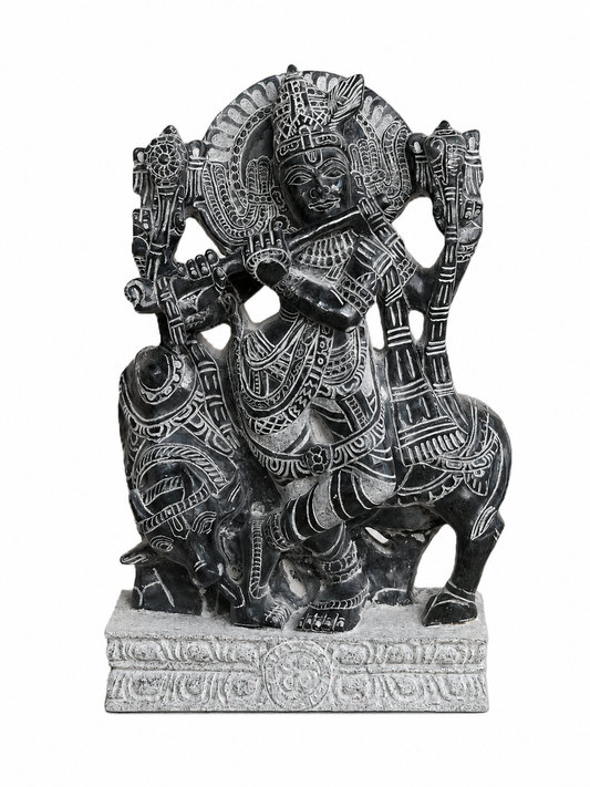 Hand-carved 1 ft Lord Krishna statue in natural stone, product view 1 highlighting the flute-playing form and carved details.