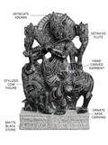 Hand-carved 1 ft Lord Krishna statue in natural stone, product view 2 highlighting the flute-playing form and carved details.