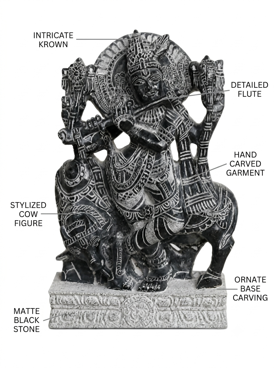 Hand-carved 1 ft Lord Krishna statue in natural stone, product view 2 highlighting the flute-playing form and carved details.
