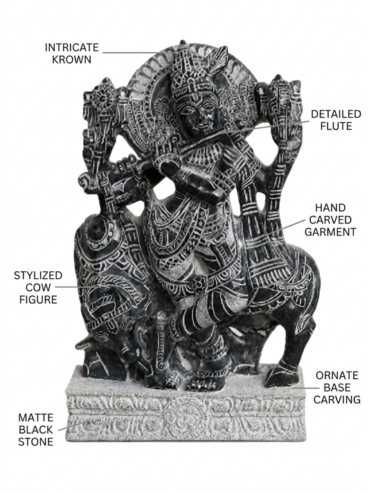 Hand-carved 1 ft Lord Krishna statue in natural stone, product view 2 highlighting the flute-playing form and carved details.