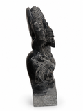Hand-carved 1 ft Lord Krishna statue in natural stone, product view 3 highlighting the flute-playing form and carved details.
