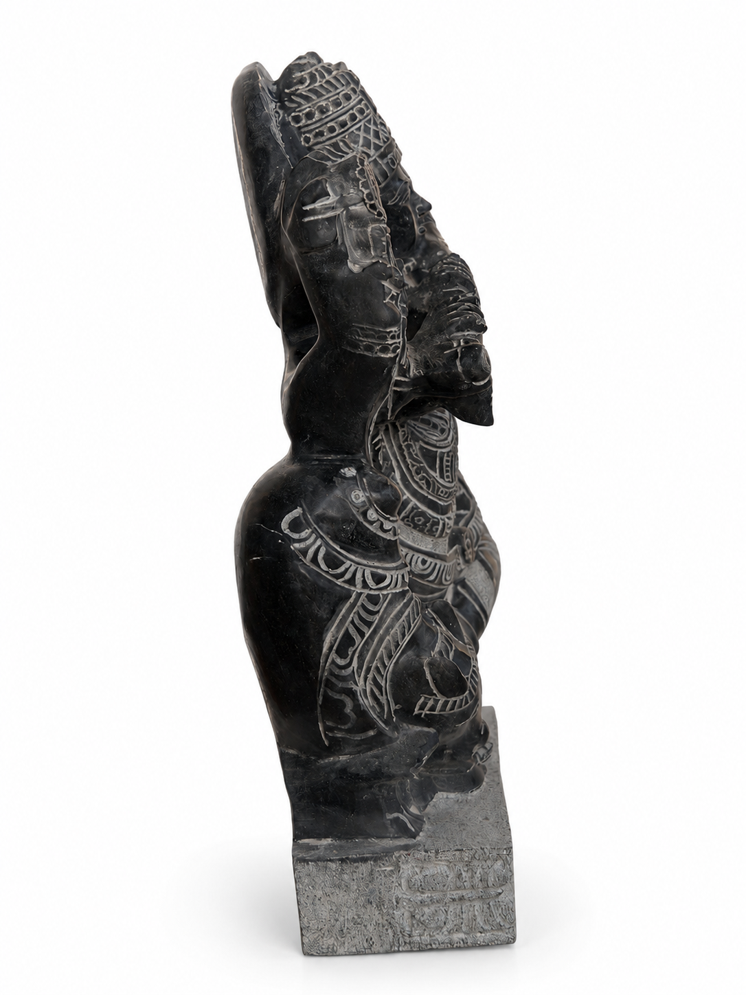 Hand-carved 1 ft Lord Krishna statue in natural stone, product view 3 highlighting the flute-playing form and carved details.