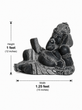 Hand-carved 1 ft Pustaka Ganesha statue in polished black stone shown beside an adult model for scale with measurements.