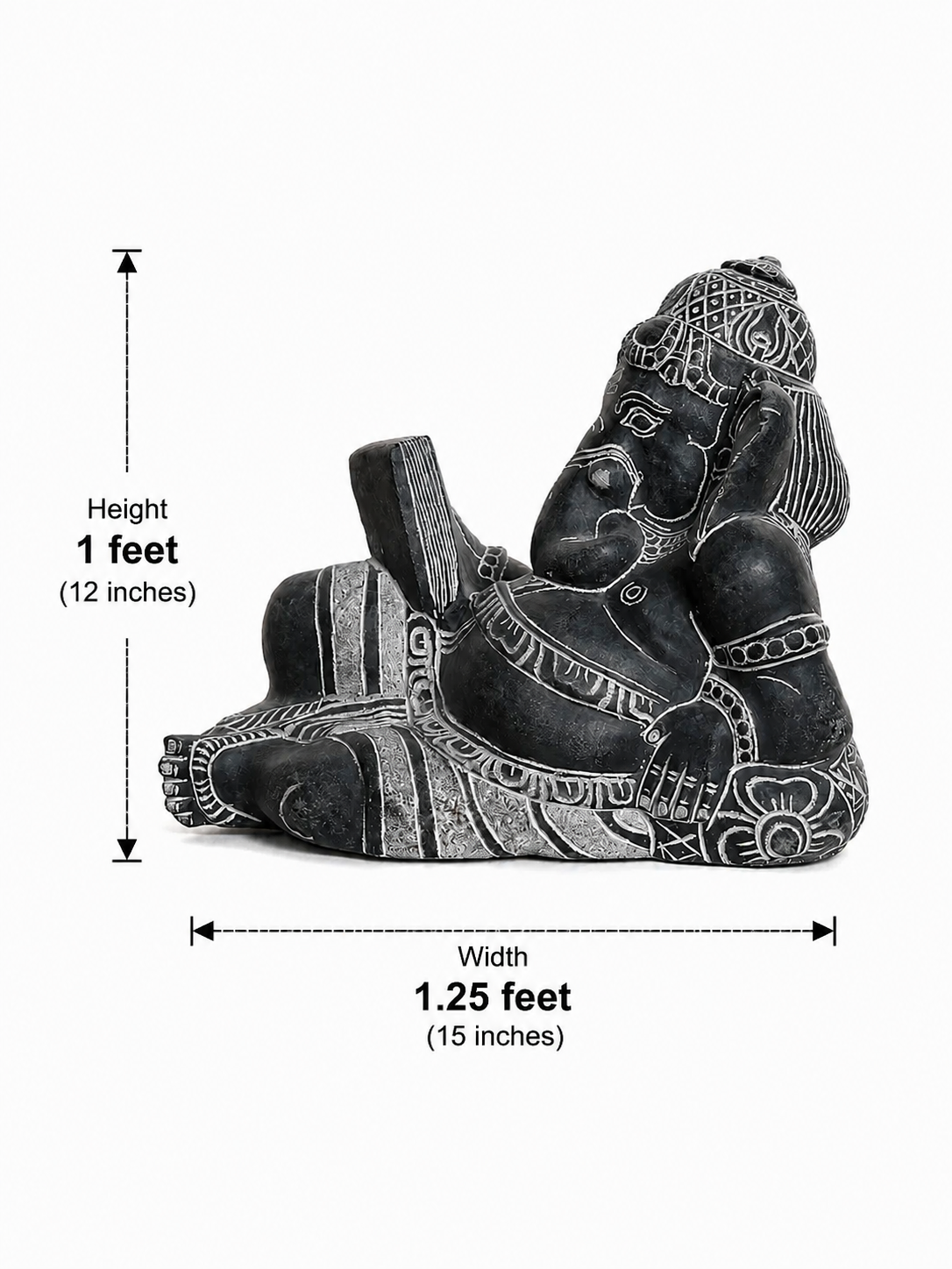 Hand-carved 1 ft Pustaka Ganesha statue in polished black stone shown beside an adult model for scale with measurements.
