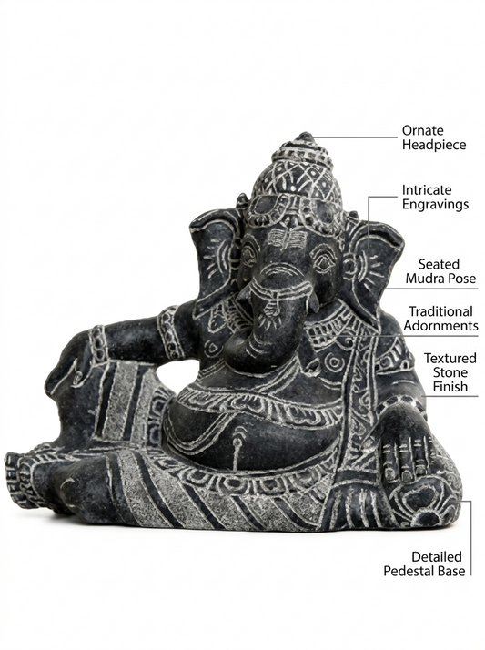 Hand-carved 1 ft Ganesha Shayana reclining Ganesha statue in natural stone, product view 2 highlighting the resting pose and carved details.