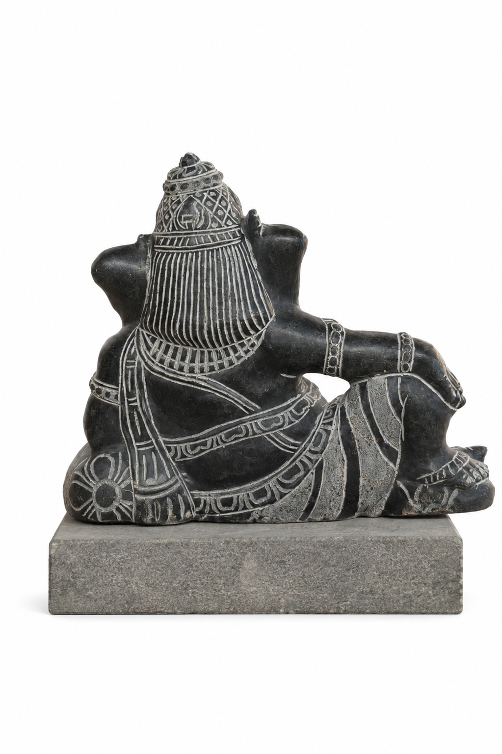 Hand-carved 1 ft Ganesha Shayana reclining Ganesha statue in natural stone, product view 3 highlighting the resting pose and carved details.