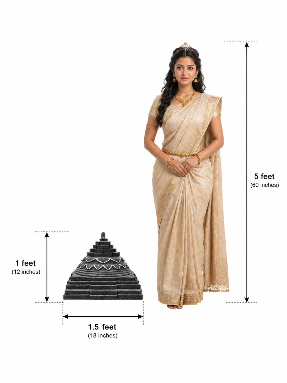 Hand-carved 1 ft Sri Chakram sculpture in polished black stone shown beside an adult model for scale with measurements.