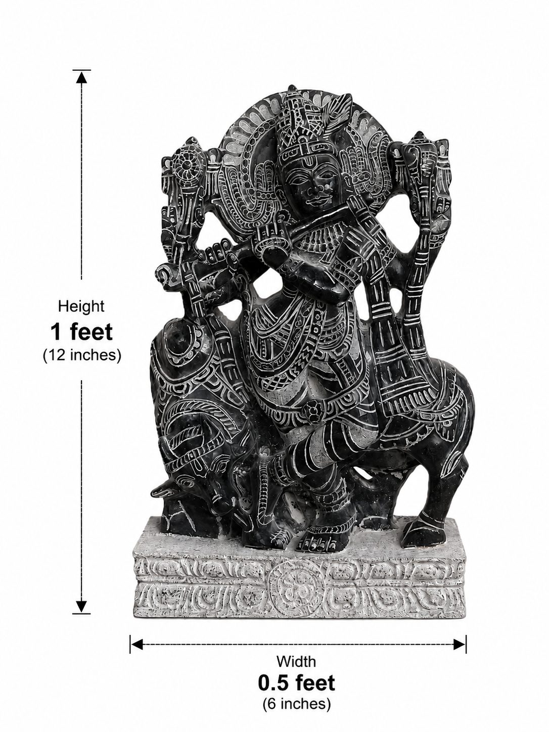 Hand-carved 1 ft Venugopala Krishna statue in polished black stone shown beside an adult model for scale.