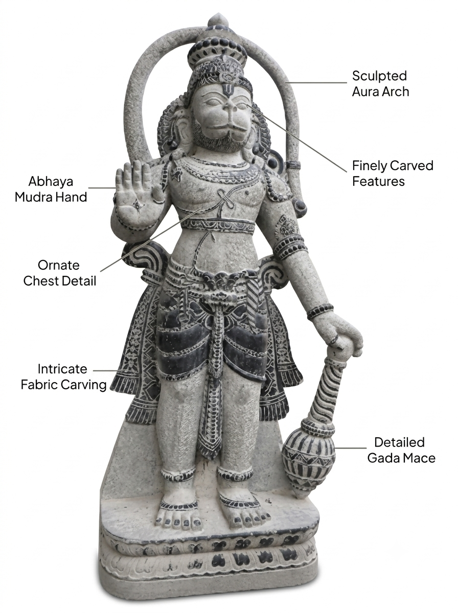 Hand-carved 13 ft Monumental Guardian Deity with Mace Statue in natural Charnockite stone, product view 2 showing the sculpture and carved details.