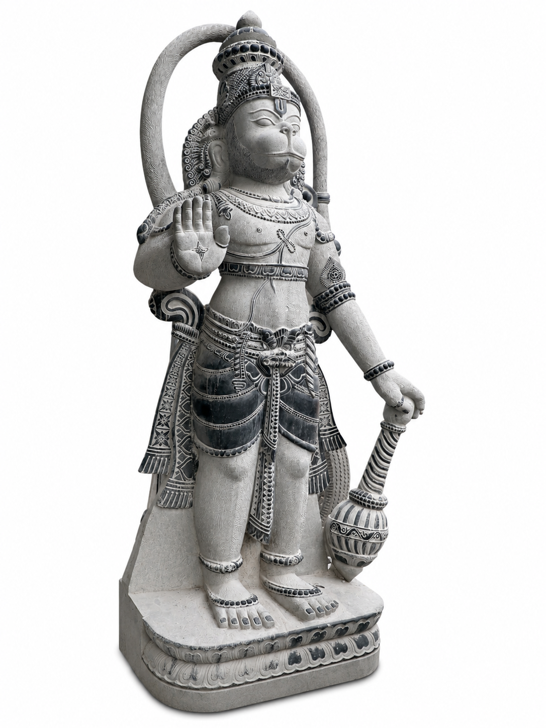 Hand-carved 13 ft Monumental Guardian Deity with Mace Statue in natural Charnockite stone, product view 4 showing the sculpture and carved details.