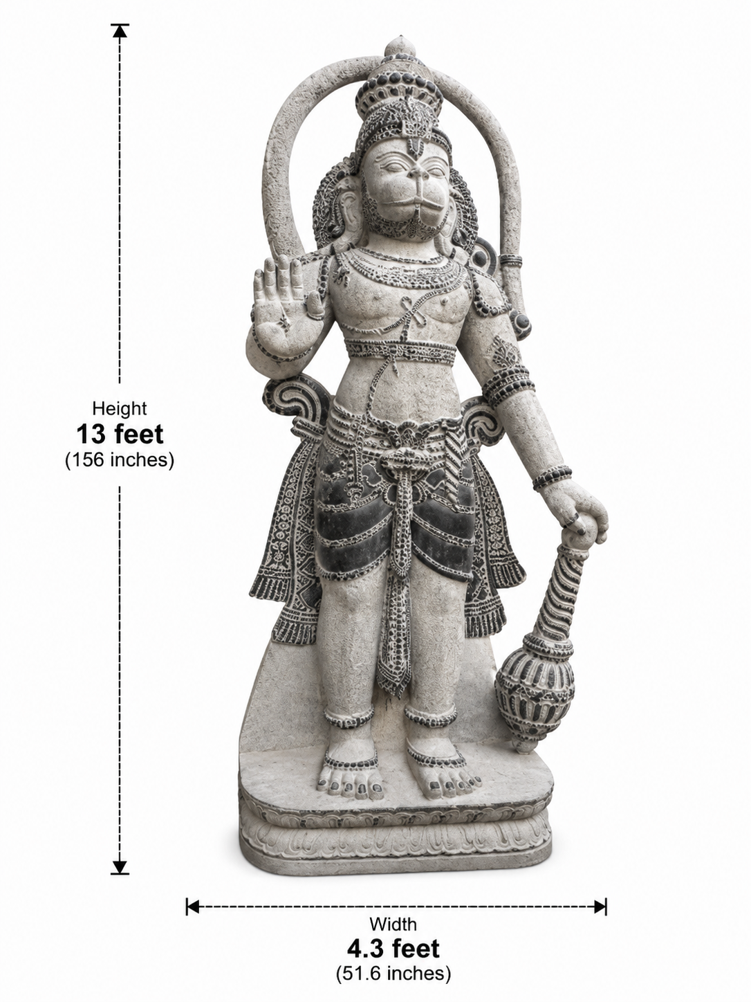 Hand-carved 13 ft Monumental Guardian Deity with Mace Statue in natural Charnockite stone, product view 7 showing the sculpture and carved details.