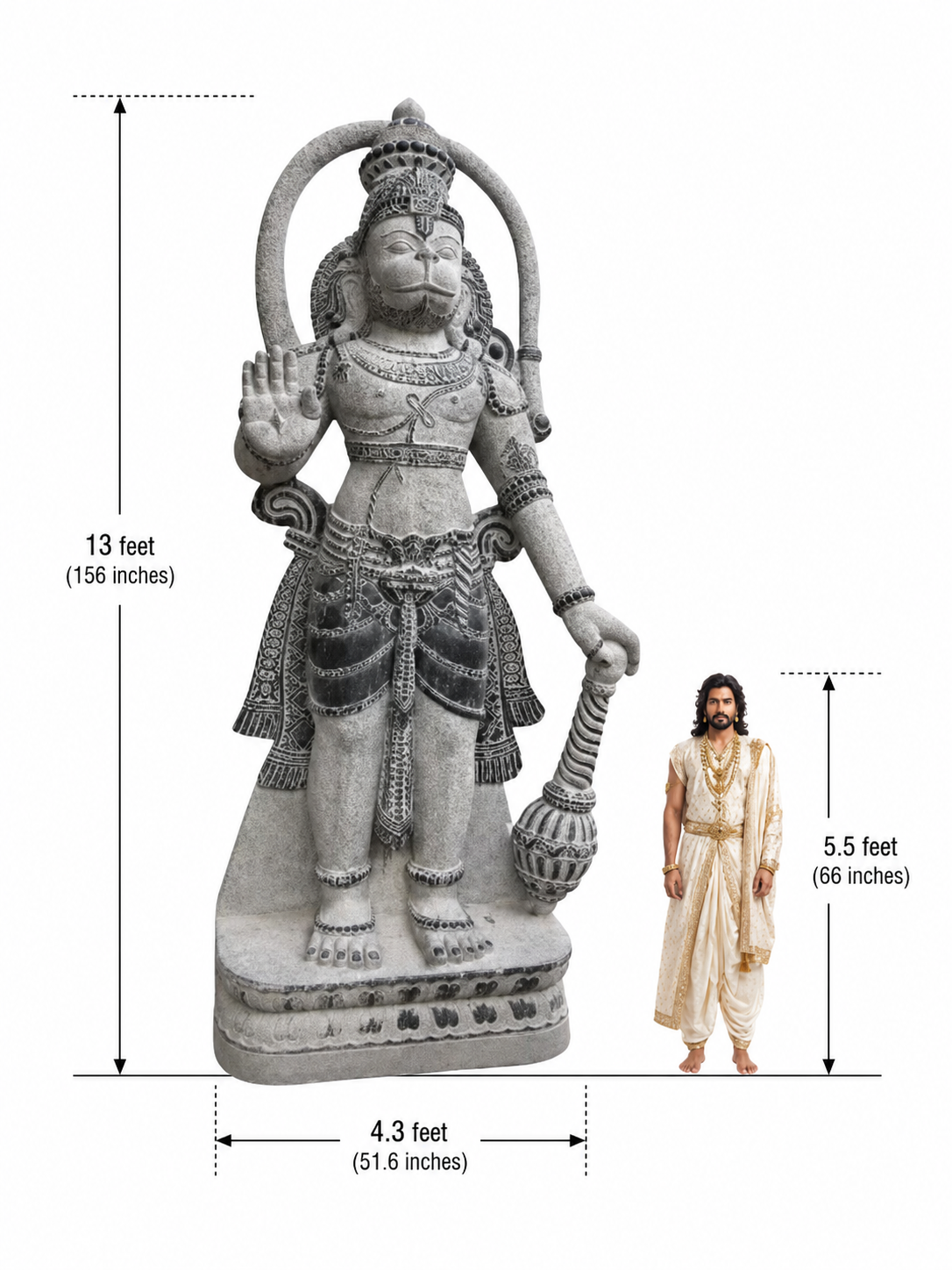 Hand-carved 13 ft Monumental Guardian Deity with Mace Statue in natural Charnockite stone, product view 8 showing the sculpture and carved details.