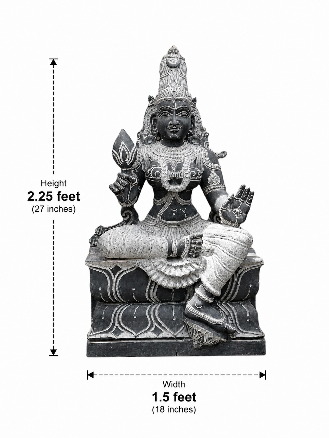 Hand-carved 2.25 ft Adi Lakshmi Statue in natural Charnockite stone, product view 3 showing the sculpture and carved details.