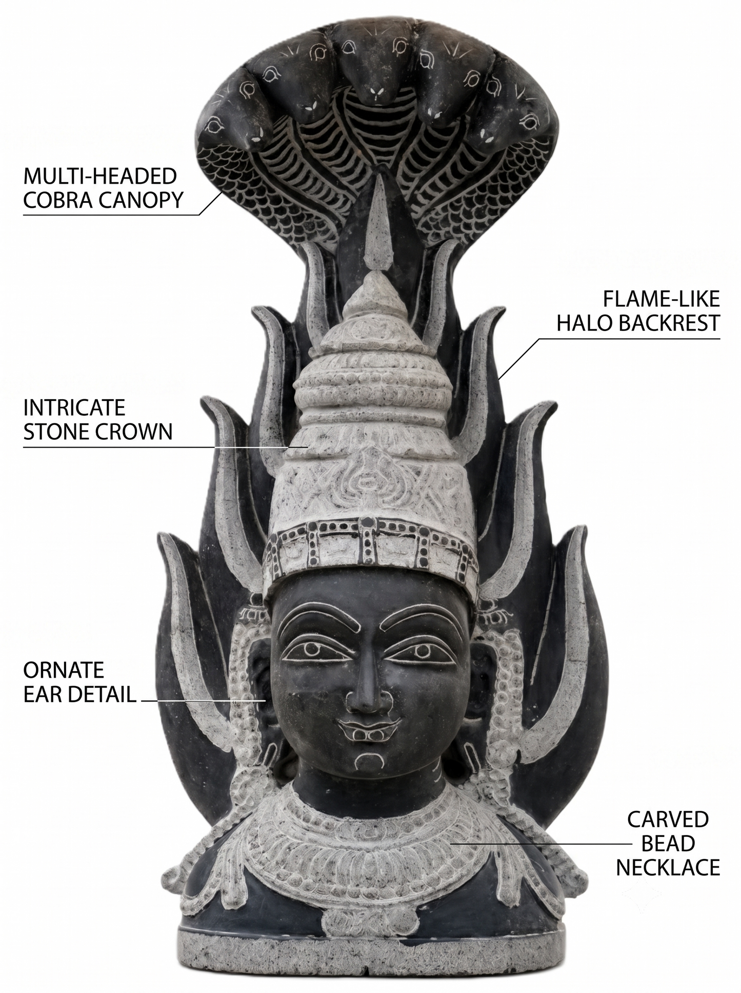 Hand-carved 2.25 ft Amman Sirasu sculpture in natural stone, product view 2 highlighting its form and carved details.