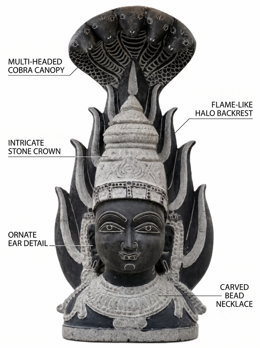 Hand-carved 2.25 ft Amman Sirasu sculpture in natural stone, product view 2 highlighting its form and carved details.