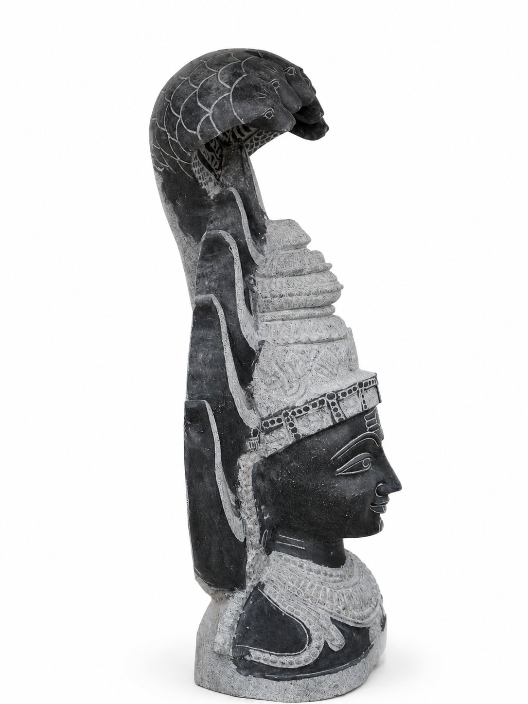 Hand-carved 2.25 ft Amman Sirasu sculpture in natural stone, product view 3 highlighting its form and carved details.
