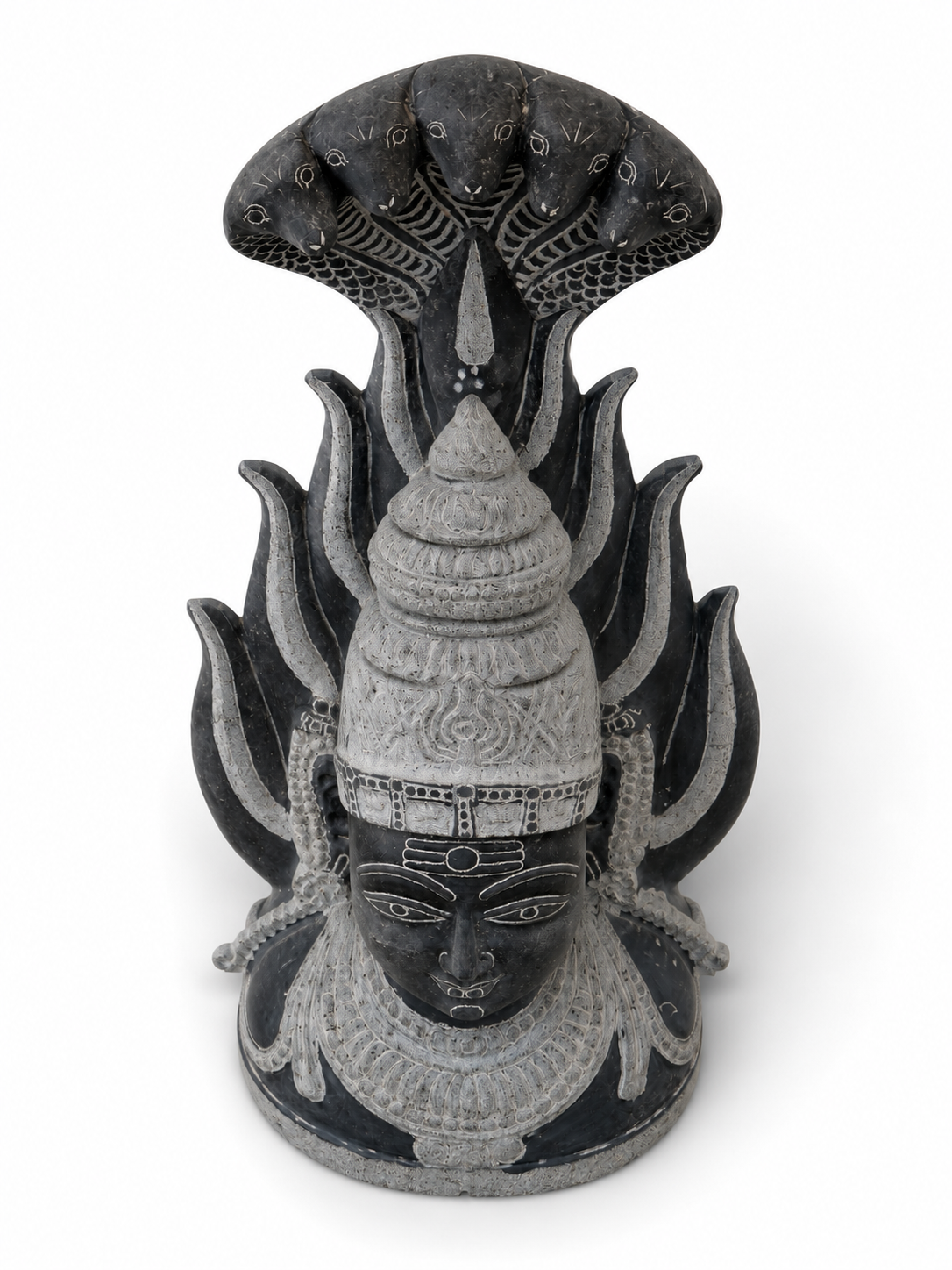 Hand-carved 2.25 ft Amman Sirasu sculpture in natural stone, product view 4 highlighting its form and carved details.