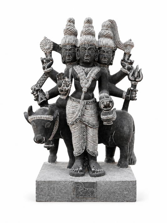 Hand-carved 2.25 ft Dattatreyar statue in natural stone, product view 1 highlighting the sculpture and carved details.