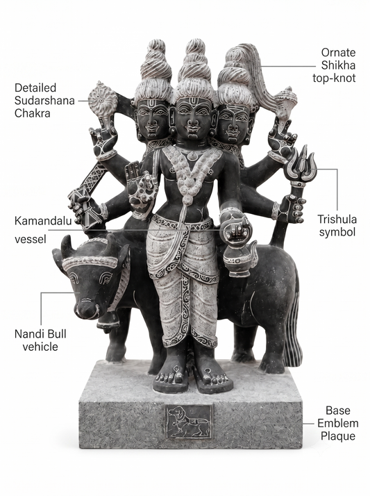 Hand-carved 2.25 ft Dattatreyar statue in natural stone, product view 2 highlighting the sculpture and carved details.