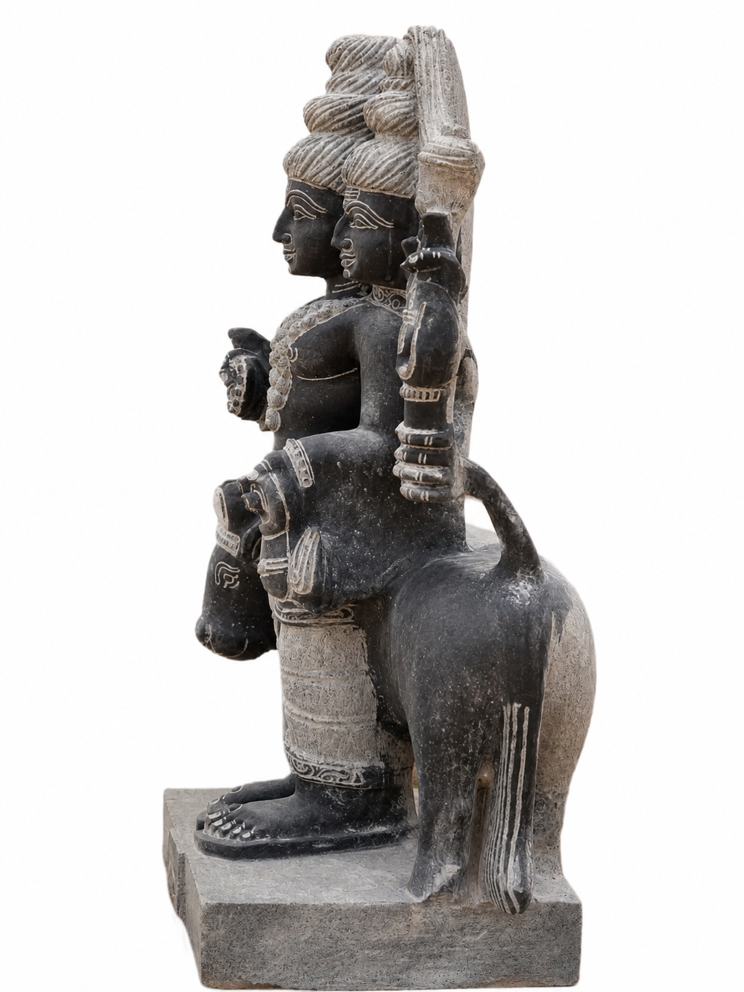 Hand-carved 2.25 ft Dattatreyar statue in natural stone, product view 3 highlighting the sculpture and carved details.