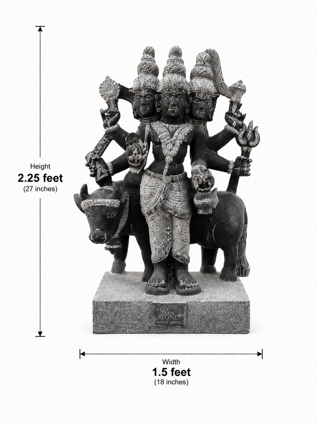 Hand-carved 2.25 ft Dattatreyar statue in natural stone, product view 5 highlighting the sculpture and carved details.