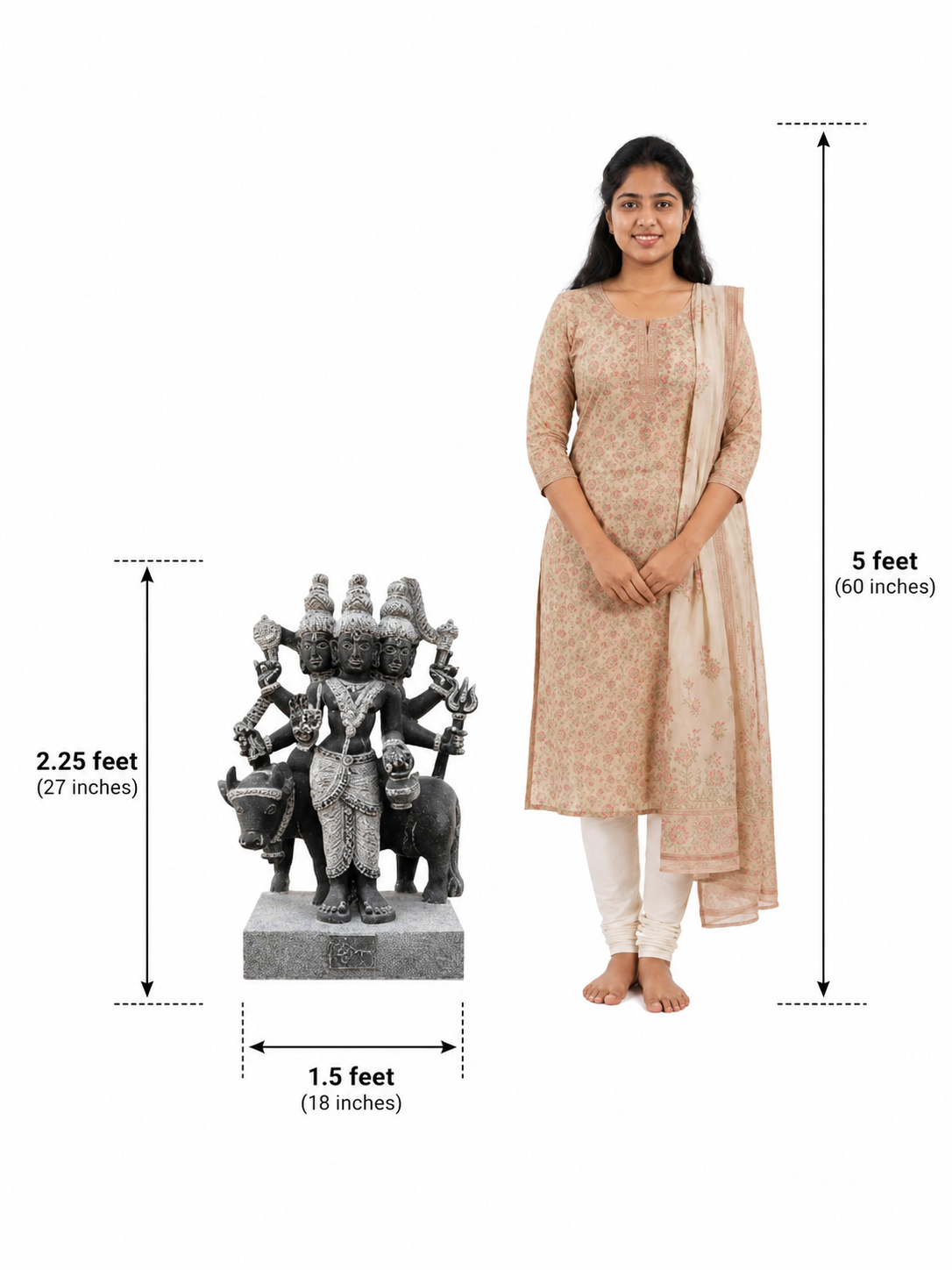 Hand-carved 2.25 ft Dattatreyar statue in natural stone, product view 6 highlighting the sculpture and carved details.