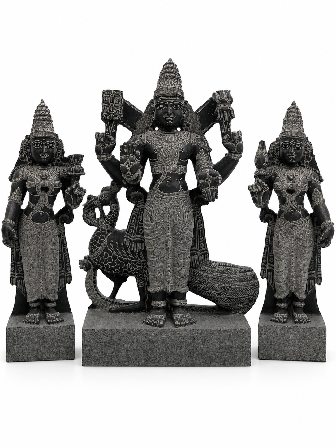 Hand-carved 2.25 ft Subramanya Swamy with Valli and Deivanai statue in natural stone, product view 1 showing the three figures.