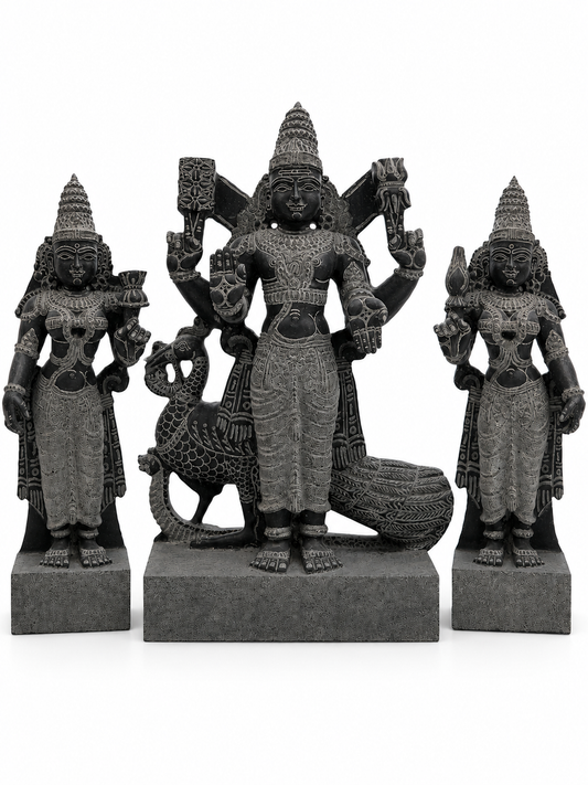 Hand-carved 2.25 ft Subramanya Swamy with Valli and Deivanai statue in natural stone, product view 1 showing the three figures.