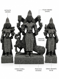 Hand-carved 2.25 ft Subramanya Swamy with Valli and Deivanai statue in natural stone, product view 2 showing the three figures.