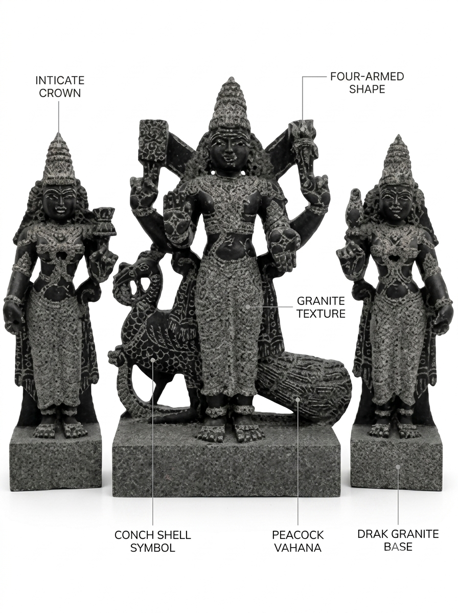 Hand-carved 2.25 ft Subramanya Swamy with Valli and Deivanai statue in natural stone, product view 2 showing the three figures.