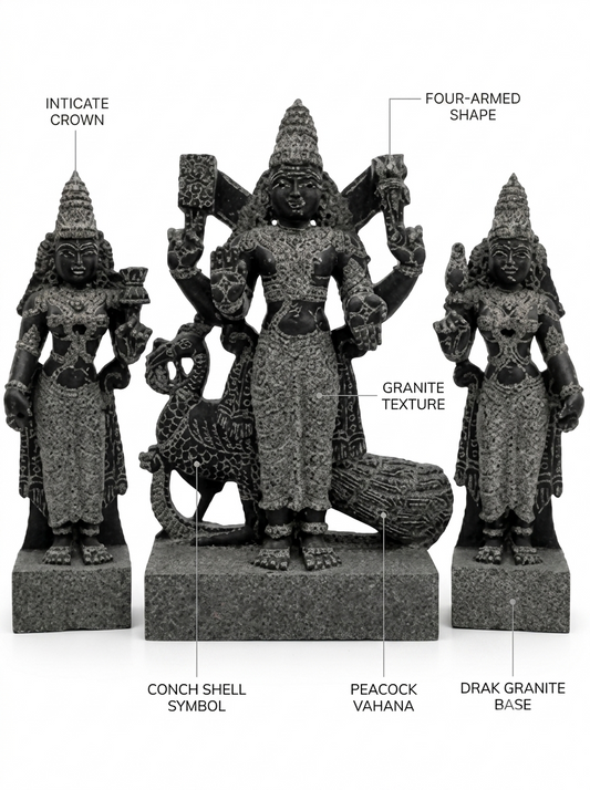 Hand-carved 2.25 ft Subramanya Swamy with Valli and Deivanai statue in natural stone, product view 2 showing the three figures.